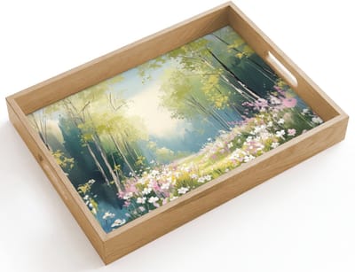 Dienblad hout 40x30 cm - Schootdienblad - Bos - Schilderstijl - Kleurrijk - Borrelplank rechthoek - Plateau dienbladen
