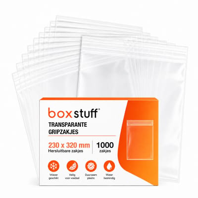 Boxstuff - Gripzakjes 230 x 320 mm - Transparant Plastic - Herbruikbaar - 1000 Stuks - 50 Micron Dikte - Voor Voedsel, Kralen, Sieraden en Accessoires