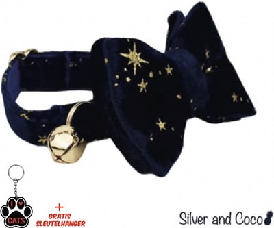SilverAndCoco® - Katten Velvet Halsband met Strik en Bel met gratis Sleutelhanger | Kattenhalsband Kat Kitten Versiering | Suède Vlinderstrik Gouden Strikje | Kleding Decoratie Pakket | Blauwe Feest Set Huisdier Cadeau Cadeautje - Blauw / Goud