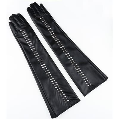 Nouveaux Gants en Cuir pour Femmes Printemps et Automne Personnalisés Style Européen et Américain Rivets Punk Noir Sexy Gants Longs en Cuir PU average size black