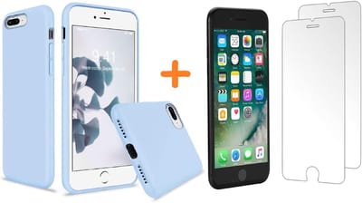 Hoesje Geschikt voor iPhone 7 Plus / 8 Plus - Liquid siliconen Hoesje Nano Licht Blauw case TPU backcover - met Screenprotector 2 stuks tempered glass