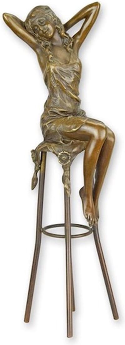 Vrouw op Barkruk - Bronzen Beeld - Kunst Sculptuur - Brons Beeldje - Vrouw op Stoel - Interieur Kunstwerk - Decoratie - 10x9x26