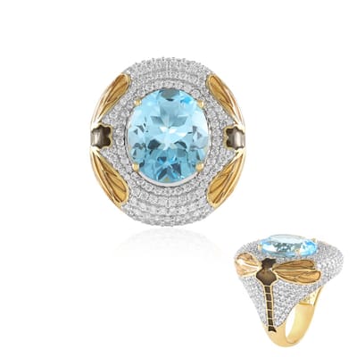 Cavill - Elegante Zilveren Ring met Ovale Hemelblauwe Topaas 8,1 ct en 314 Cambodjaanse Zirkonia 925 Sterling Zilver Verguld