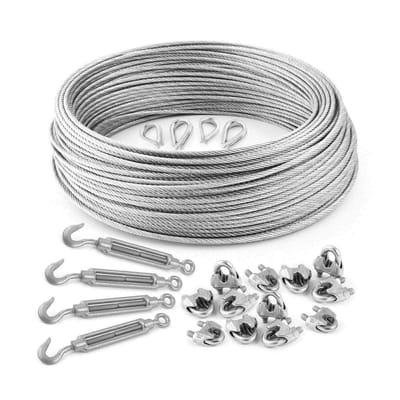 DQ-PP STAALKABEL SET 6 - 3 mm 6x7 Middelzacht - 20 meter - Gegalvaniseerd Staal - 4x Kousen - 4x Spanschroef Haak-oog M5 - 12x Kabelklemmen Beugel - Staalkabel voor Klimhulp Kabel Draad Bosbouwkabel