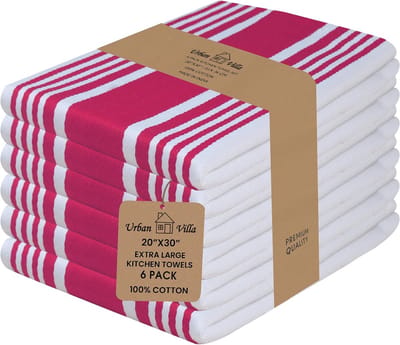 Set van 6 Keukenhanddoeken 100% Katoen - Zeer Absorberend Theedoeken & Barhanddoeken in Roze/Wit met Strepen