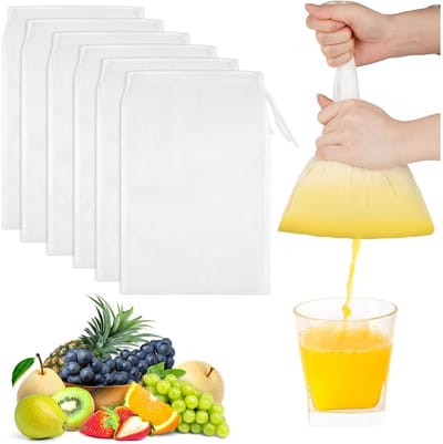EXCITAT 6 stuks Notenmelkzakken - 20 x 30 cm Filterdoek - Herbruikbaar - Biologisch - Wasbaar - Met trekkoord - Kan ook worden gebruikt om kaas, sap, koffie en groentesap te filteren.