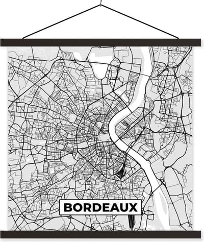 Posterhanger incl. Poster 60x60 cm - Schoolplaat - Kaart - Stadskaart - Bordeaux - Plattegrond - Frankrijk - Textielposter - Zwarte latten - Stadskaart