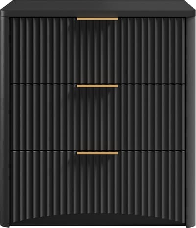 Wishdor - Nachtkastje - 3 Laden En Geribbelde Panelen - Modern - MDF - Zwart - 58 x 38 x 64 cm
