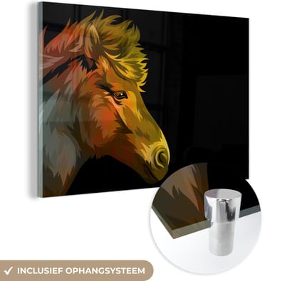 MuchoWow® Glasschilderij 60x40 cm - Schilderij acrylglas - Paard - Geel - Zwart - Meisjes - Kinderen - Meiden - Foto op glas - Schilderijen