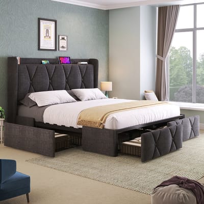 YEHTOKHOME Gestoffeerd bed met USB C-type oplaadfunctie en 4 lades - Tweepersoonsbed 140x200 cm met opbergruimte - Opbergbed - Houten lattenbodem - Linnen - Grijs (zonder matras)