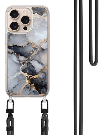 Hoesje met koord geschikt voor iPhone 16 Pro - Marble mist - Inclusief zwart koord - Crossbody beschermhoes - Transparant, Grijs, Goud - Mooie Telefoonhoesjes