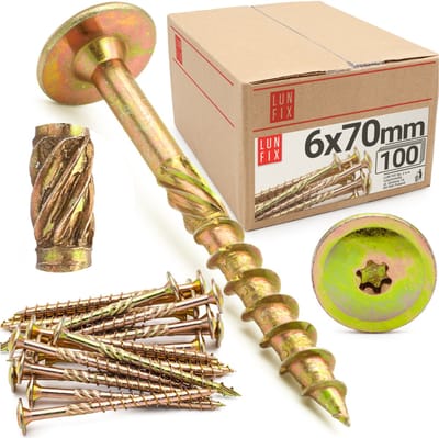 LUN FIX - Tellerkopfschroeven 6x70 - 100 stuks - TX40 Torx - Tellerkop met freestrips - Houtschroeven