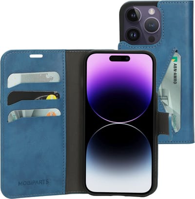 Mobiparts hoesje geschikt voor Apple iPhone 14 Pro - Wallet/Boekhoesje - Eco Leer - Magneet Sluiting - Opberg vakken - Blauw