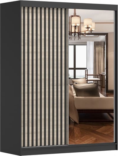 Zweefdeurkast Kledingkast met Spiegel, Schuifwandkast met decoratieve lamellen, kast met planken en kledingstang Gaderobe 150x200x61 cm - LABI S1 (Zwart + Sonoma, 150)