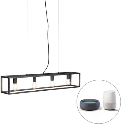 QAZQA cage - Industriele Dimbare LED Smart Hanglamp eettafel incl. wifi met Dimmer voor boven de eettafel | in eetkamer - 4 lichts - L 100 cm - Zwart - Industrieel - Woonkamer