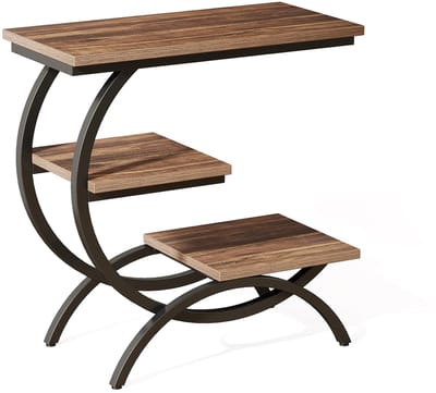 Questyr - C-vormige bijzettafel - industriële - 3-laags - kleine tafel voor bank - houten nachtkastje - snacktafel met opbergplanken