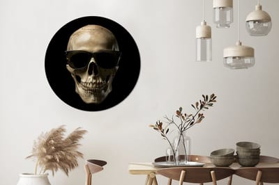 WallCircle - Wandcirkel - Muurcirkel - Skelet - Zonnebril - Tanden - Schedel - Zwart - Aluminium - Dibond - 90x90 cm - Binnen en Buiten