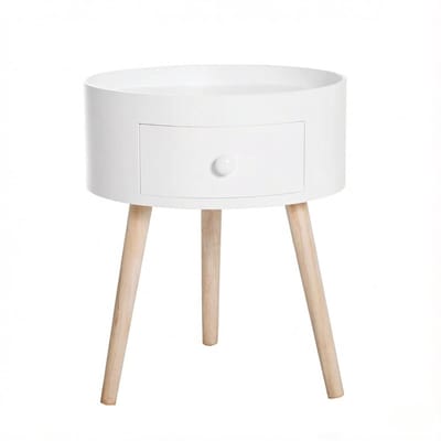 Rond Nachtkastje met Lade - Witte Bijzettafel met Opbergruimte - MDF en Massief Hout - Scandinavisch Design - Woonkamer & Slaapkamer - 38x38x45 cm