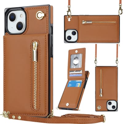 Geschikt Voor iPhone 15 Hoesje Met Koord - Solidenz Portemonnee - Telefoonhoesje Met Koord - Wallet Case - Cover Hoes Met Koordje - Backcover Met Koord - Bruin