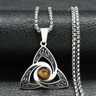 Viking Trinity Knot Ketting voor Vrouwen Mannen Roestvrij Staal Tijgeroog Steen Ierse Keltische Geluks Amulet Kettingen Sieraden N3806S02 gray