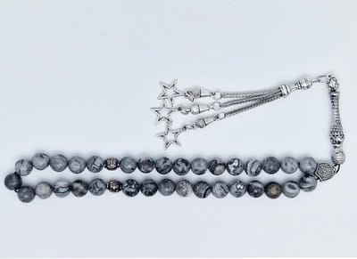 Handgemaakte tesbih klassiek - "Tasbih" natuursteen "Map Jaspe" - Aantal kralen 33 - Diameter kralen 8 MM - met metaal tassel "Sterren" - Een mooi cadeau-idee