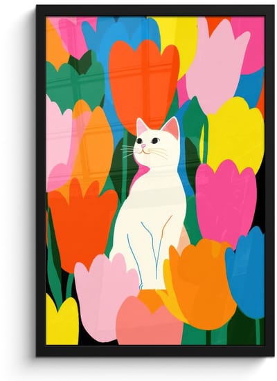 Poster in lijst - Fotolijst 40x60 cm - Posters - Tulpen - Kat - Kleurrijk - Posterlijst zwart - Decoratie - Wanddecoratie woonkamer - Muurdecoratie slaapkamer