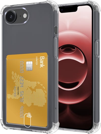 Hoesje - Geschikt voor Apple iPhone 16e / 17e - Met Pashouder en Kaarthouder - Telefoon Hoes Shockproof - Siliconen Case - Back Cover - Shock Proof - Pasjes Houder - Transparant