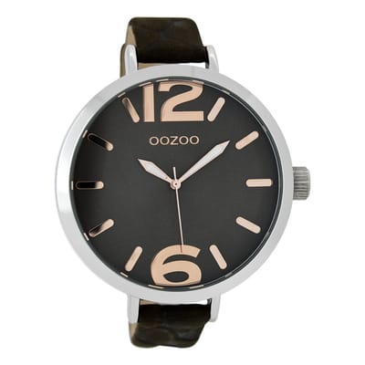 OOZOO Timepieces - Zilverkleurige horloge met donker bruine leren band - C7513