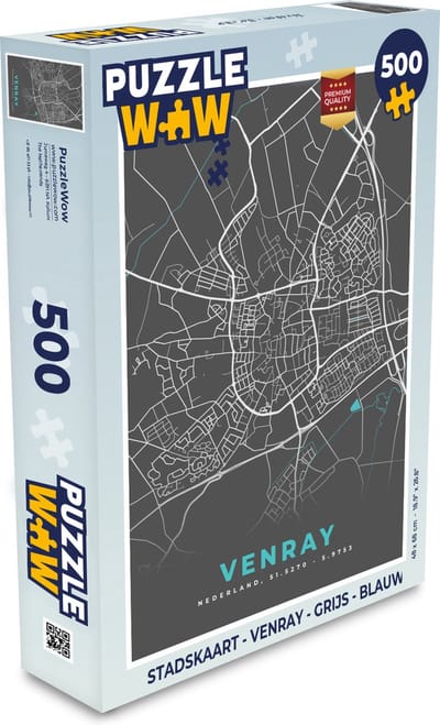 Puzzel Stadskaart - Venray - Grijs - Blauw - Legpuzzel - Puzzel 500 stukjes - Plattegrond