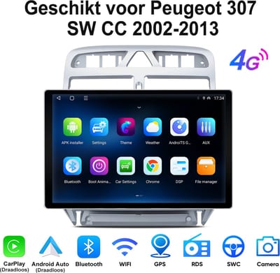 Junsun Android 15 Autoradio Geschikt voor Peugeot 307 SW CC 2002-2013 - 4GB + 64GB - Draadloze Andriod Auto - Carplay - Bluetooth - GPS-navigatie - Stuurwielbediening - WiFi - 13.1 inch 2k Touchscreen - DSP - RDS - 4G LTE -microfoon