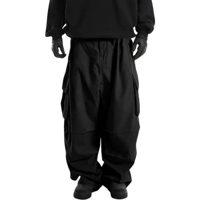 Pantalon Cargo Homme Multi Poches Cordon de Serrage Taille Élastique Vintage Jambe Large Hip Hop Streetwear Ample Couleur Unie Extérieur Pantalon Long XXL noir