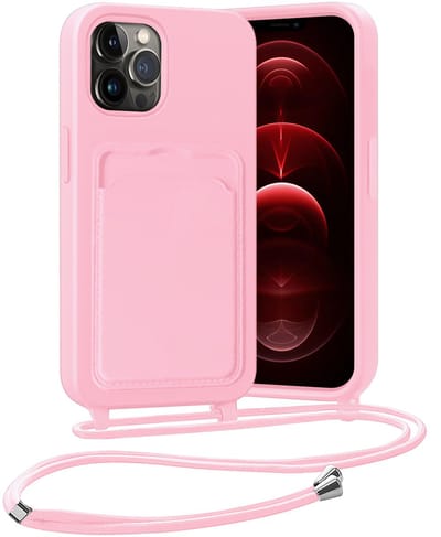 Hoesje Geschikt voor iPhone 13 Pro Hoesje Met Telefoonketting Pasjeshouder Case Koord - Hoesje Geschikt voor iPhone 13 Pro Hoes Met Kaarthouder - Lichtroze