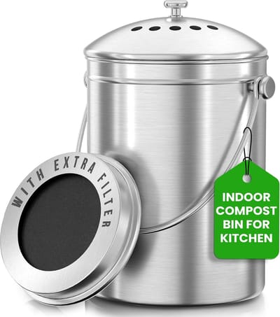 Famanu - Kitchen Roestvrij Staal Compostbak voor aanrechtblad – 5 Liter Compostbak Keukenemmer Compost met deksel – Inclusief 1 Reserve Houtskool Filter