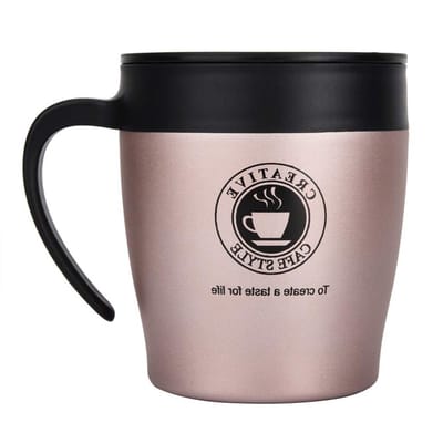 Koffiemok met Lepel en Brede Deksel - Mini Formaat 330ML voor Thuis en Op Reis, Roze Goud