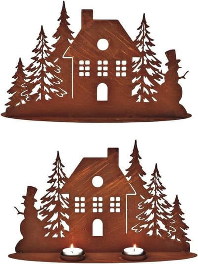 Theelichthouder Huis - Winter Decoratie - Sfeerverlichting Creëren - Metaal met roestlook - 38 cm - Bruin