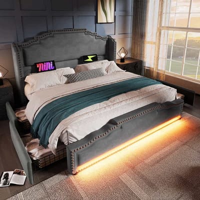 BLACKCOLORS Gestoffeerd bed 140×200, tweepersoonsbed met 4 lades, ledverlichting en USB-C-oplaadpoort, bed met opbergruimte en tienerbed met lattenbodem, fluweel, grijs, zonder matras