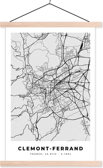Posterhanger incl. Poster 40x60 cm - Schoolplaat - Frankrijk - Clemont-Ferrand - Stadskaart - Plattegrond - Kaart - Textielposter - Blanke latten - Stadskaart