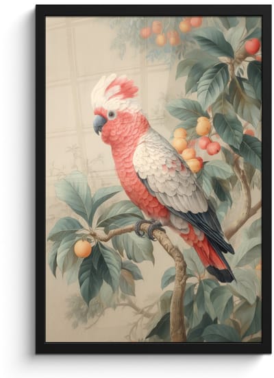 Poster in lijst - Fotolijst 40x60 cm - Posters - Roze kuifkaketoe - Tak met vruchten - Bladeren - Posterlijst zwart - Decoratie - Wanddecoratie woonkamer - Muurdecoratie slaapkamer