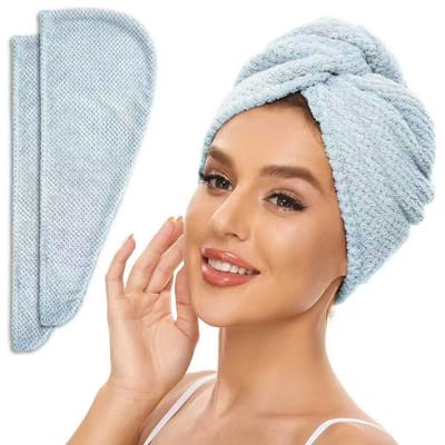 Daity 2 stuks microvezel haarhanddoek - zachte haardroogkap - eenvoudige effen haarhanddoek voor de badkamer - superabsorberende haarhanddoek - anti-kroezige haartulband voor nat haar - badkamerbenodigdheden - badkameraccessoires (blauw)