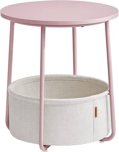 Hoppa! - Bijzettafel - Rond - Pastelroze wolkenwit - Kleine tafel - Salontafel - Woonkamertafel - Stoffen mand - Opbergruimte - Modern - 45 x 45 x 50