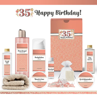 Geschenkset “35 Jaar, Happy Birthday!” - 9 producten - 790 gram | Luxe Cadeaubox voor haar - Wellness Pakket Vrouw - Giftset Vriendin - Moeder - Cadeaupakket Collega - Cadeau Zus - Verjaardag - Gefeliciteerd Cadeau - Goud - Zalmroze