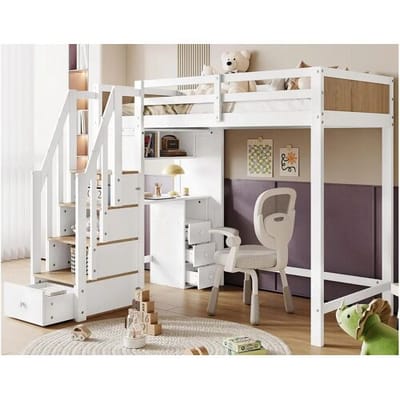 ModernLuxe Houten tussenbed - 90x200 cm - met bureau, planken en opbergtrap - Wit