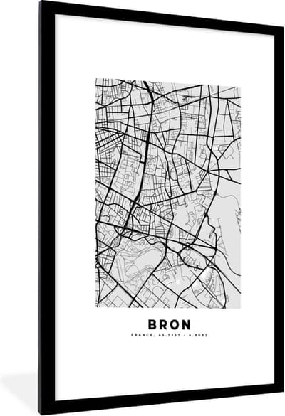 Fotolijst incl. Poster - Frankrijk – Plattegrond – Kaart – Bron – Stadskaart - 60x90 cm - Posterlijst