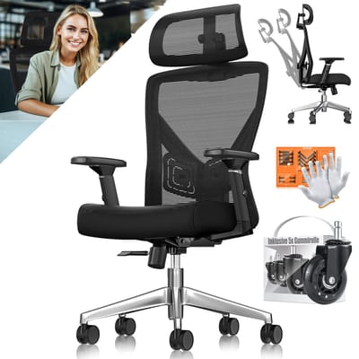 KESSER® Bureaustoel | Ergonomische Bureaustoelen voor Volwassenen | verstelbare rugleuning | in hoogte verstelbaar | Hoofdsteun & Lendensteun | office Chair met 5x rubberen wielen - Zwart / Zilver
