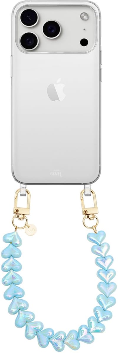 xoxo Wildhearts siliconen hoesje - Geschikt voor iPhone 17 Pro Max hoesje - Funky Hearts (Blue Metallic) - Telefoonhoesje - Hoesje met koord - Blauw koord - kort telefoonkoord - Hartjes ketting - Transparant hoesje