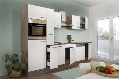 Goedkope keuken 310 cm - complete keuken met apparatuur Oliver - Donker eiken/Wit - keramische kookplaat - vaatwasser - afzuigkap - oven - spoelbak