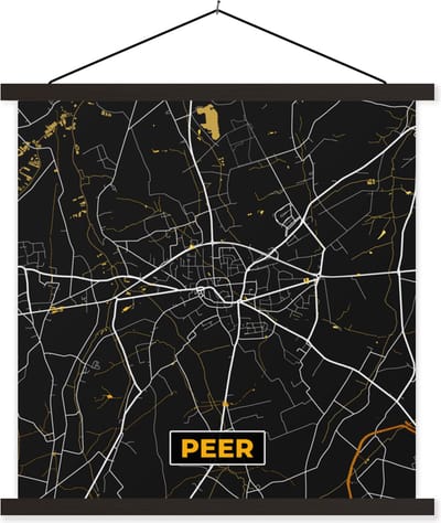 Posterhanger incl. Poster 60x60 cm - Schoolplaat - Stadskaart - Peer - Plattegrond - Goud - Kaart - Textielposter - Zwarte latten - Stadskaart