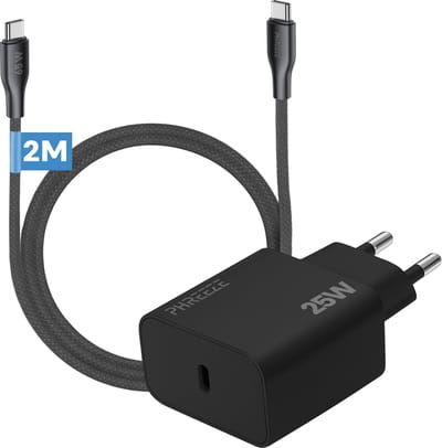 Phreeze usb C oplader 25w - Usb c naar usb c kabel 2 meter - Super fast charger voor smartphone tablet en laptop