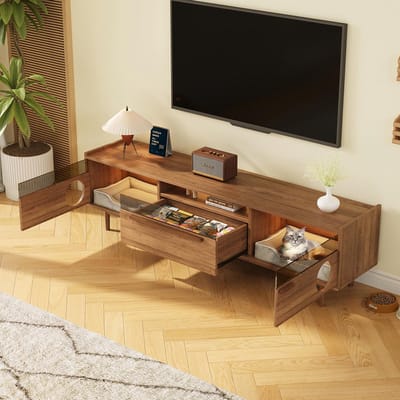 Pugsdrly Moderne tv-meubel met ledverlichting – met rustruimte voor katten, steunhendels, met staal versterkte glazen deuren en 1 lade (zonder kattenkussen), kleur walnoot, 180 × 40 × 50 cm