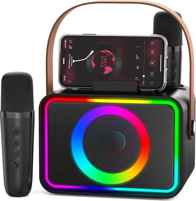 Karaokemachine 2 microfoons voor volwassenen en kinderen, draagbare Bluetooth luidspreker met feest PA-podium en discolampen, geschenk